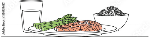 Healthy food illustration, salmon steak, asparagus, caviar, water glass, balanced diet plate concept