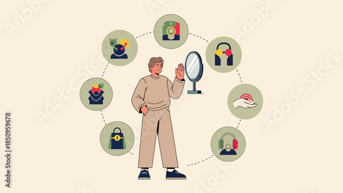 Modern woman surrounded by various digital and lifestyle icons illustrating connectivity and daily