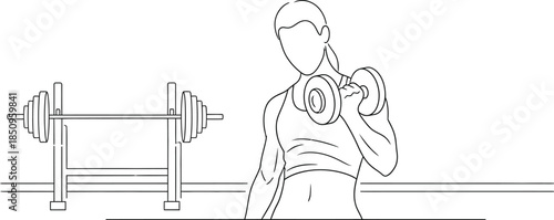Woman performing dumbbell bicep curl next to a barbell rack in a minimalist line art gym illustration