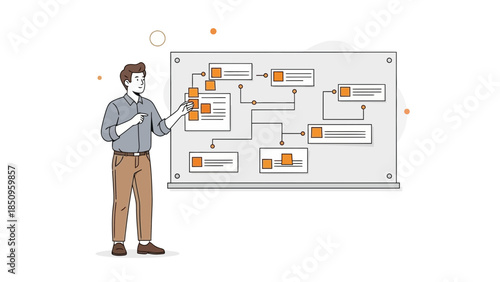 Illustration of a male figure explaining a flowchart on a digital whiteboard for project