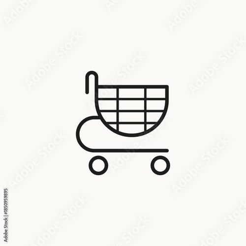 This silhouette icon illustrates a shopping basket placed on a wheeled cart, representing shopping, retail activity, and consumer purchasing
