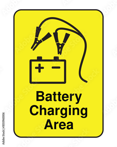 Battery Charging Area Safety Sign with Jumper Cable and Car Battery Graphic - High Quality Vectorial Stock Image