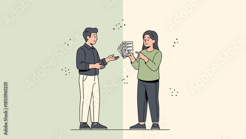 Digital currency exchange between a young man and woman with mobile and cash illustrations