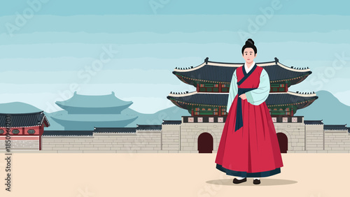 Traditional Korean Woman in Hanbok Dress Standing.