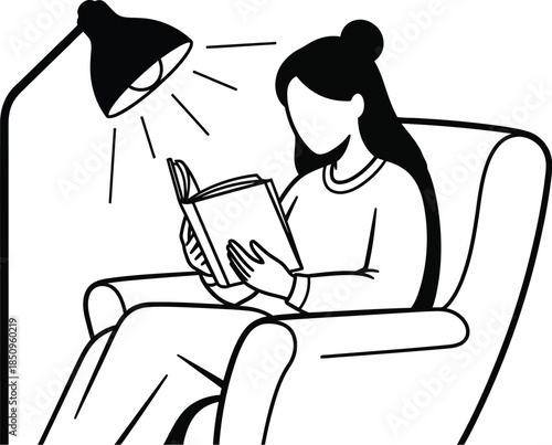 Woman reading book under floor lamp while relaxing in armchair, illustration of quiet leisure time