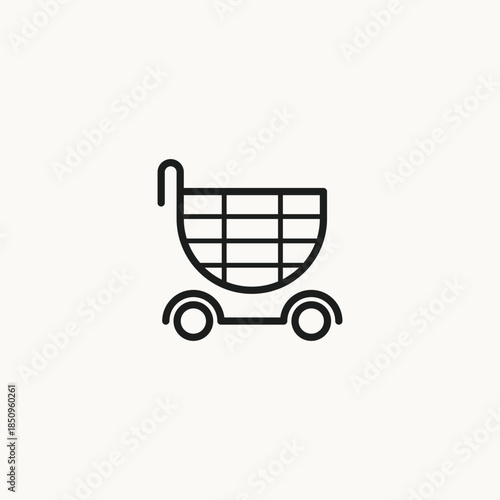 This silhouette icon illustrates a shopping basket placed on a wheeled cart, representing shopping, retail activity, and consumer purchasing