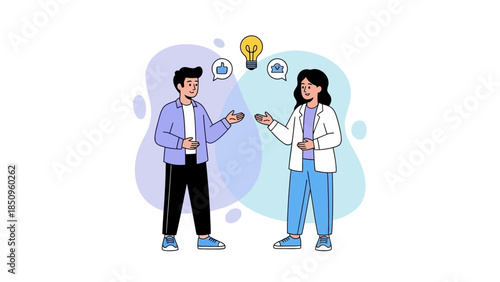 Illustration of two professionals engaging in creative discussion with ideas and cloud icons