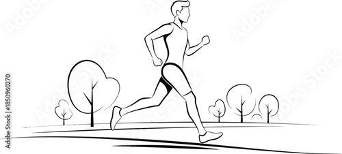 Minimalist line art of a man running outdoors, jogging athlete fitness concept in a park setting