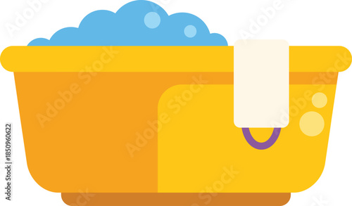 Yellow bathtub is full of water with soap and a towel hanging on side, perfect for representing bath time