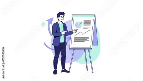 Business professional giving presentation with charts and graphs on a whiteboard during a meeting