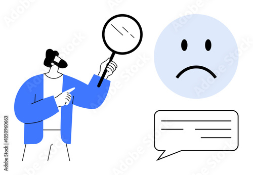 Negative feedback concept. A person examines a sad face and a dialogue bubble with a magnifying glass. Negative feedback helps assess quality, communication, and service standards. For evaluation
