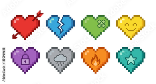 Pixel art heart icons expressing different emotions and feelings