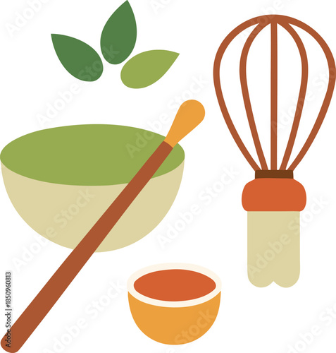 Matcha tea preparing flat design with bowl, whisk, and leaves