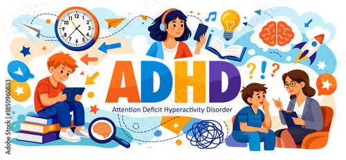 ADHD vector illustration banner, Attention Deficit Hyperactivity Disorder