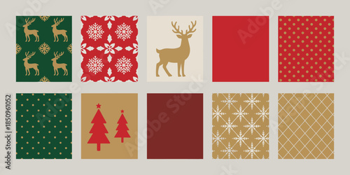 Christmas holiday patterns and festive winter season designs, decorative backgrounds with reindeer and snowflakes