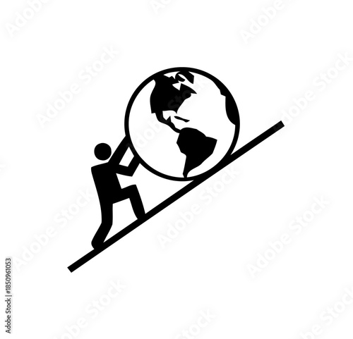 Symbolic black silhouette of a person pushing the Earth globe uphill, depicting a global struggle, a difficult challenge, and a heavy burden on an isolated white background.