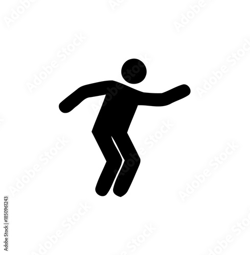 Playful black silhouette of a person dancing with fluid, expressive movements and bent knees on an isolated white background.