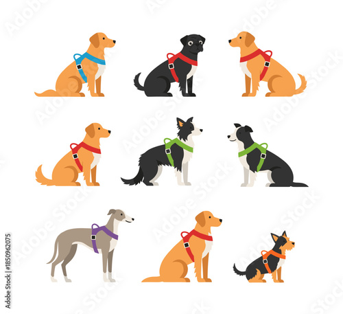 Dogs with harnesses sitting in different positions