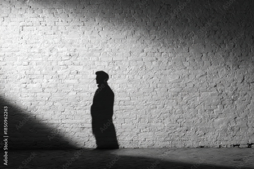Obraz premium Silhouette of a person illuminated by a spotlight against a brick wall
