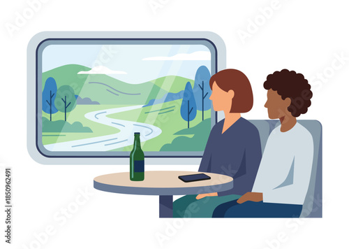 Couple traveling by train enjoying window views