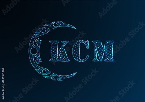 Low poly letter logo KCM design. KCM letter logo low poly vector design on blue color gradient background. KCM logo low poly design