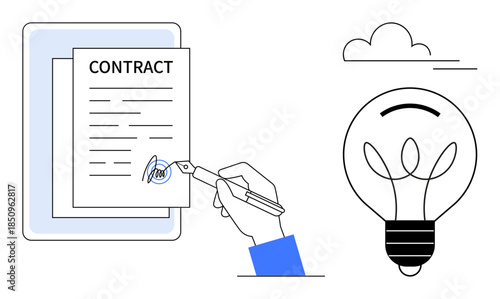 Business agreements, creative ideas, innovation, signature processes, entrepreneurship, intellectual property. A hand signs a contract next to a light bulb image. Business agreements and creative