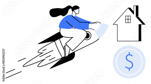 Financial freedom, real estate, digital economy, wealth growth, home buying, property investment. A woman on a rocket headed towards a house and a dollar sign icon. Financial freedom and real estate