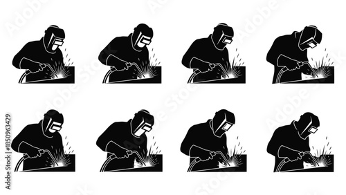 Welder icons set performing arc welding 