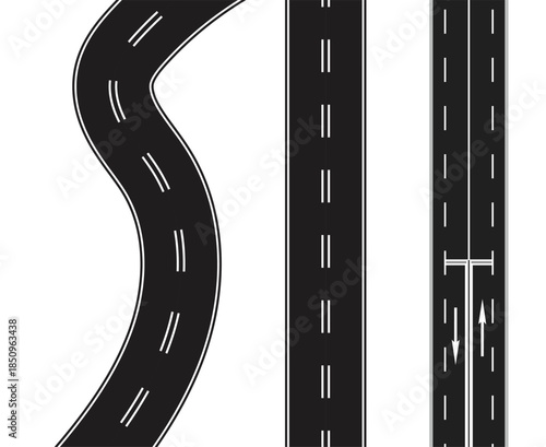 Set of roads with white markings different straight and winding asphalt ways top view