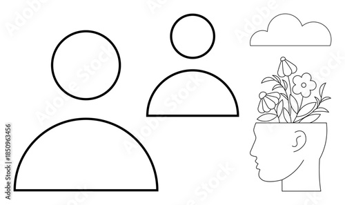 Two user icons, a cloud, and a head filled with blooming flowers illustrate growth, creativity, mental health, and mindfulness. Ideal for self-care, communication, empathy connection positivity