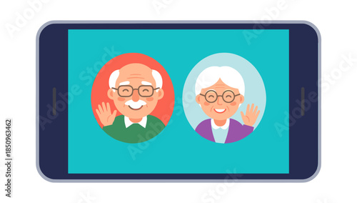 Elderly couple making video call on smartphone