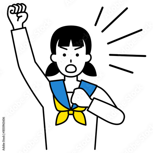 拳を上げて抗議する女子学生