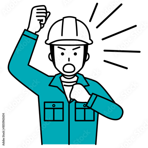 拳を上げて抗議する現場作業員の男性