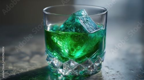 A geometric tumbler containing emerald-green cocktail encircling diamond-shaped transparent ice block. Edges refract kaleidoscopic reflections onto polished stone. Shadows