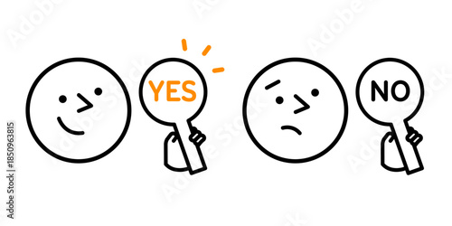 YESとNOで判断を表現するシンプルな顔アイコン｜肯定と否定,選択,意思決定,フラットデザイン