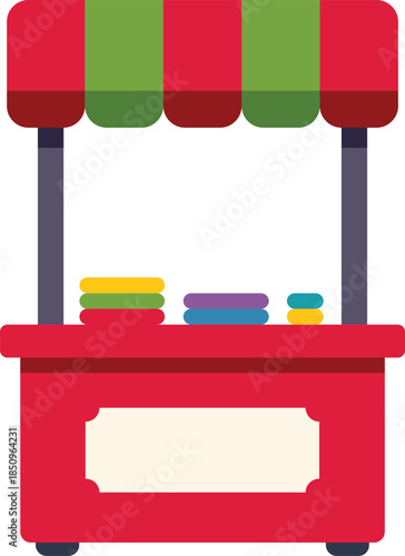 Red market stall selling various products under a green and red striped awning