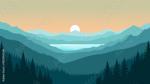 Serene layered mountain landscape at sunrise, tranquil lake reflecting golden light, a peaceful natural vista with evergreen forests and majestic peaks in a flat design style