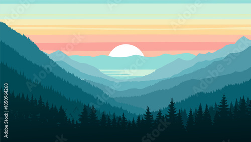 Breathtaking vector illustration of a serene mountain landscape at sunset, featuring layered peaks, vibrant sky, and tranquil forest, evoking natural beauty