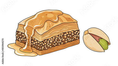 Authentic Baklava Dessert Illustration with Golden Honey Syrup Drizzle and Fresh Pistachio Nut, Traditional Middle Eastern Sweet Pastry