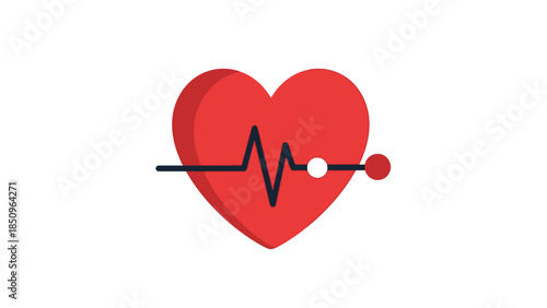 Heartbeat symbol flat design illustration with EKG line on red heart shape background for medical