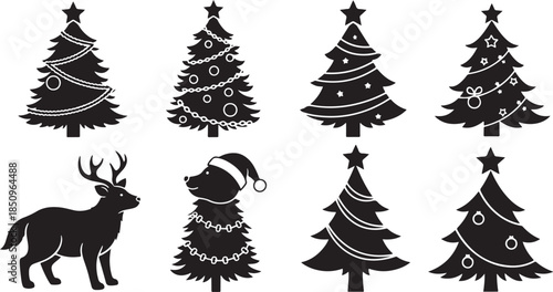 Black silhouette of christmas trees and deer on transparent background set of winter holidays vector illustration