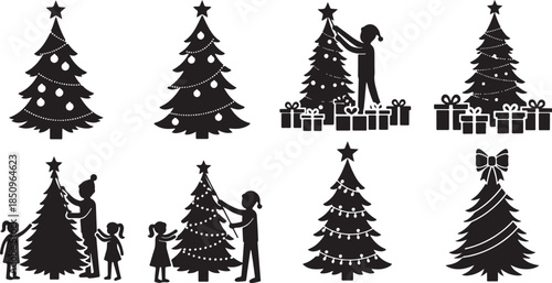 Set of christmas trees and decorating people silhouettes. holiday season vector illustrations on transparent background