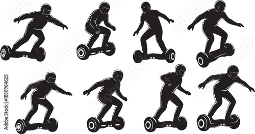 Electric scooter riders silhouettes vector set. hoverboard riders on transparent background