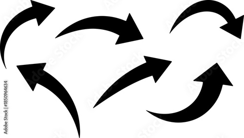 A set of solid black curved arrows pointing in various directions, ideal for workflow diagrams, navigation icons, and motion graphics in professional business presentations.