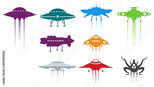 Colorful Vector Illustration Featuring a Collection of UFO and Alien Spaceship Designs