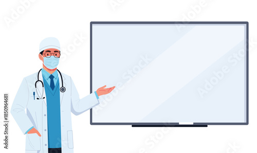 Doctor in medical coat and mask pointing at empty whiteboard isolated on white