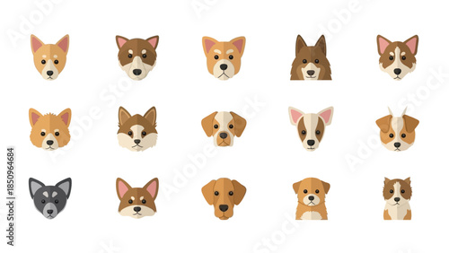 Collection of various cute dog breed cartoon faces isolated on a white background for design assets