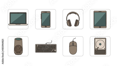 Digital devices icons collection featuring laptop smartphone headphones tablet speaker mouse