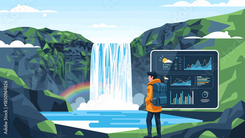 Woman Analyzing Data Beside Waterfall.