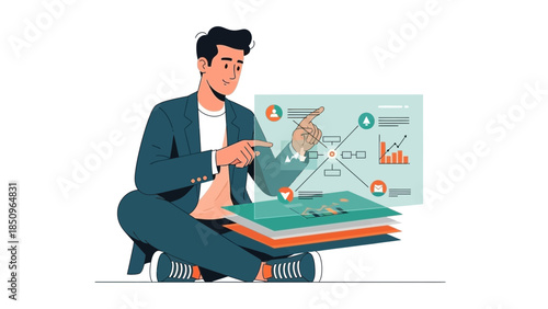 businessman analyzing data on digital interface with charts and graphs for strategic planning and